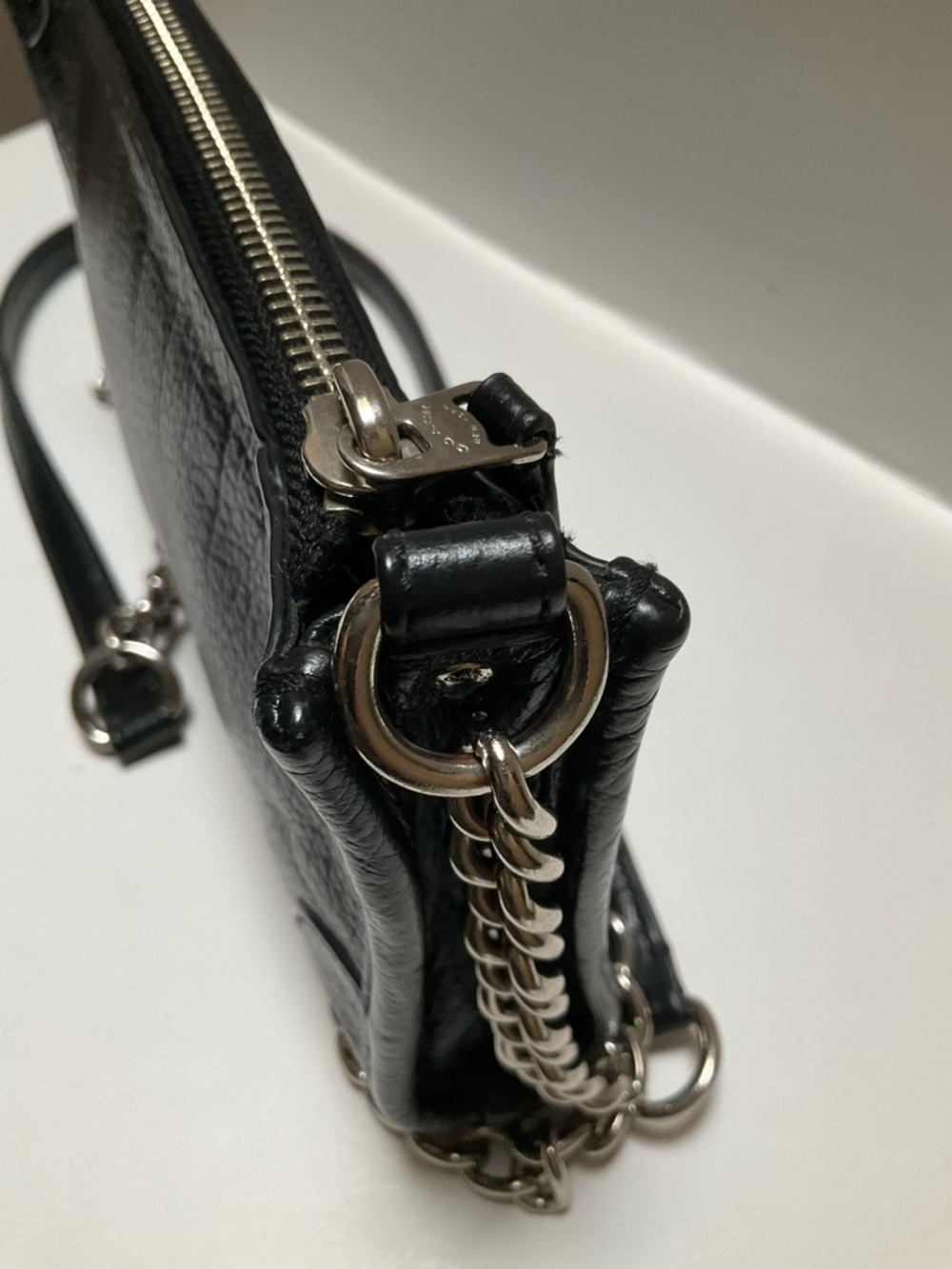 COACH Shoulder Bag Mickie Black pebbled Leather Crossbody w/ Silver Chain Strap - Picture 7 of 14